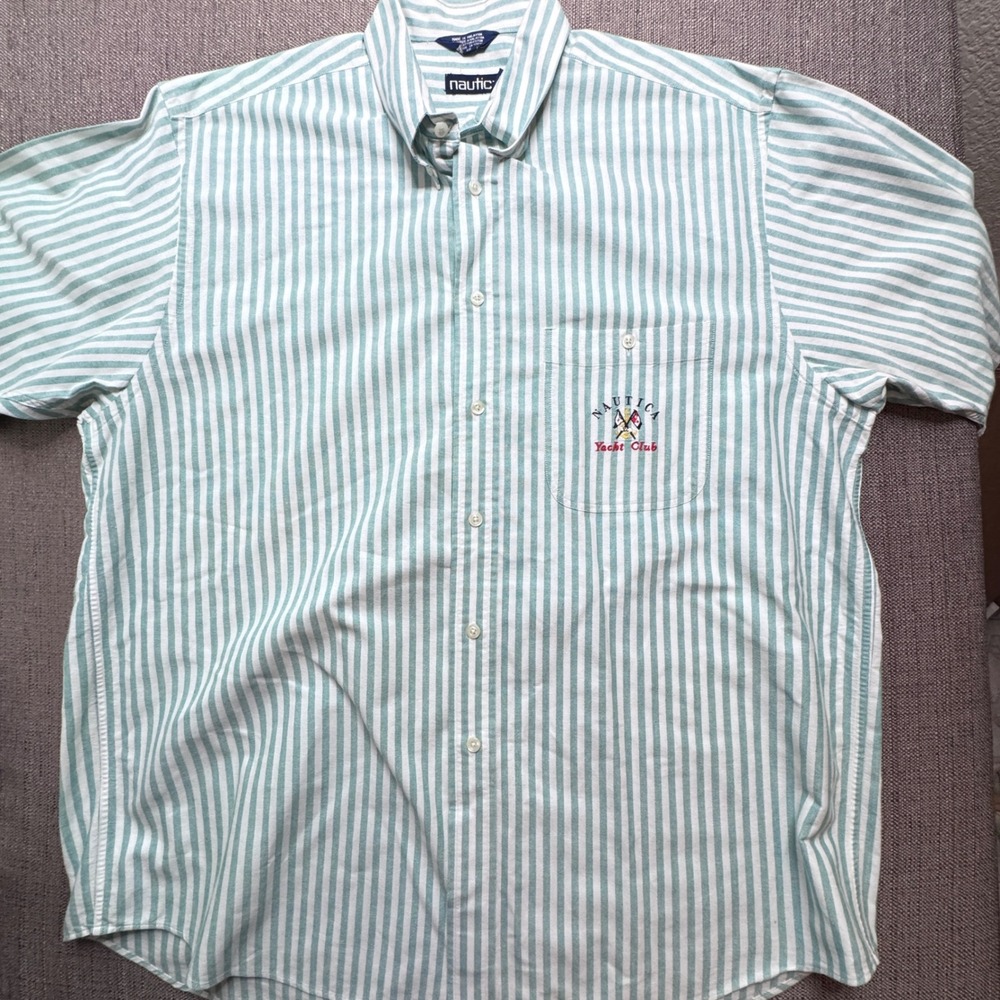 Nautica Yacht Club Mens Large Teal White Striped Cotton Short Sleeve Button Down